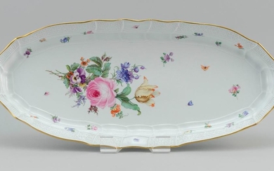 MEISSEN HAND-PAINTED PORCELAIN FISH PLATTER Decorated with a floral bouquet featuring a tulip, rose and violet. Shaped and gilded ri...