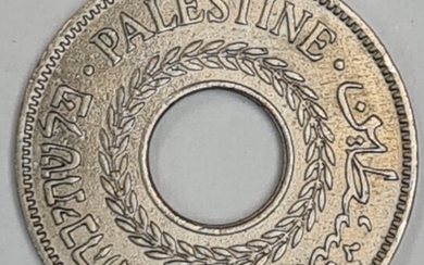 פלשתינה ארץ ישראל מטבע בעריך 5 מיל משנת 1934 מצב AU, הנפקה נמוכה של 500.000 מטבעות.