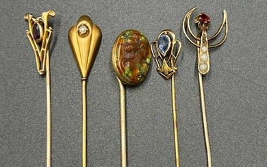 5 Victorian Hat Pins - 10K Gold Pearl, Amethyst, Ruby & Aquamarine
