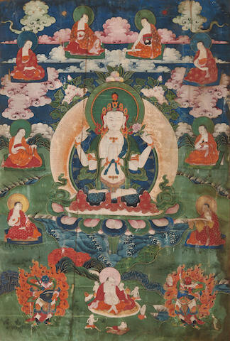 A thangka depicting Avalokiteshvara Shadakshari