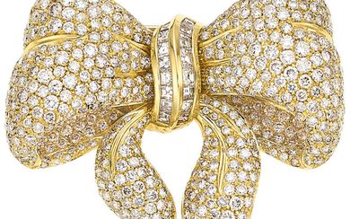 Diamond, Gold Brooch The bow brooch features full-cut...