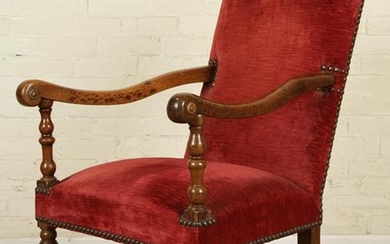 18TH CENT. WALNUT OPEN ARM CHAIR TURNED STRETCHER