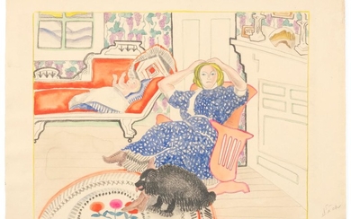 MARGUERITE THOMPSON ZORACH, New York/Maine/California, 1887-1968, "Sunday After Noon, New England"., Lithograph with watercolor and...