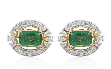6.30 TCW Emerald HI/SI Diamond Stud Earrings 18k Gold