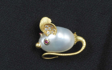 An 18ct gold, baroque cultured pearl mouse brooch, with ruby eyes and diamond accent ears, by E. Wolfe & Co.