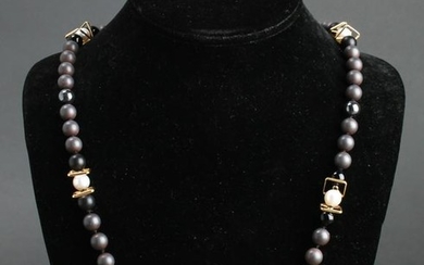 18K Gold Pearls Hematite & Onyx Beads Necklace