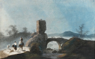 70 Attribué à Jean-Baptiste PILLEMENT (1728-1808) Paysage au pont animé Pastel sur toile signée en...