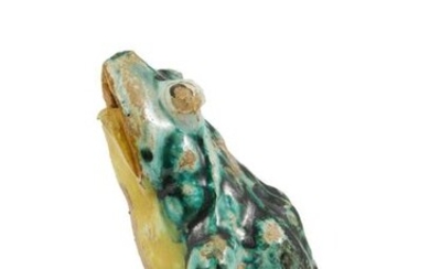 70-Germany: Polychrome stanniferous earthenware frog. Copper green back and yellow...