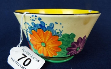 Clarice Cliffe Sugar bowl from the Bizarre range. 'Gay day' pattern. Stabilised crack to rear.