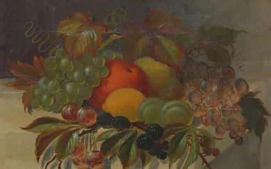 Danish painter, 19th century: Still life with fruit. Signed and dated C.E.H. 1887. Oil on canvas. 29×38 cm.