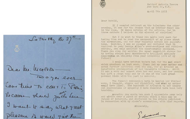 Edward VIII. Typed Letter signed to Harold Nicolson, 1953; and another, ALs from Wallis Simpson (2 pieces).
