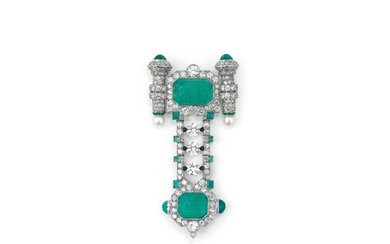 Emerald, cultured pearl, enamel and diamond brooch, circa 1925