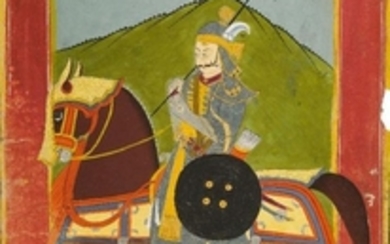 An equestrian portrait of a Rajput ruler...