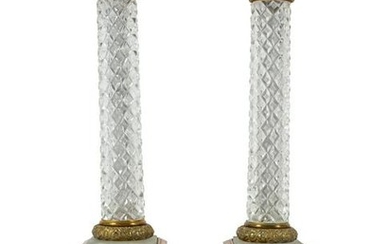 A Pair of Gilt Metal Mounted Cut Glass Columnar Lamps