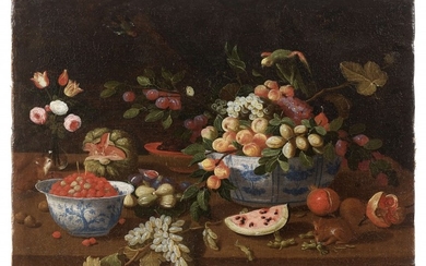 Jan van KESSEL le Jeune Anvers, 1654 - Madrid, 1708 Fruits dans des coupes de porcelaine, bouquet de fleurs et écureuils