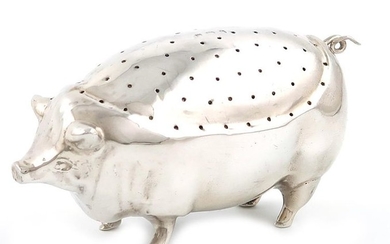 A large novelty silver pig pin cushion, probably...