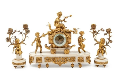 A Louis XVI Style Gilt Bronze and Marble Clock