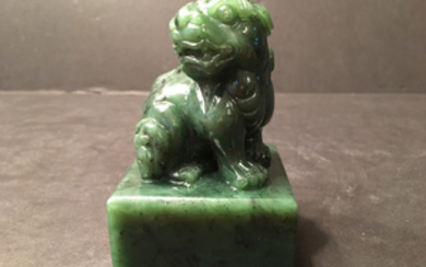 OLD Chinese Large Spinach Green Jade Foo Dog Stamp