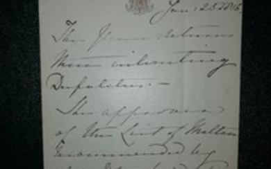 Queen Victoria Letter handwritten in the third person by Victoria and dared January 25, 1856 on Windsor Castle headed paper....
