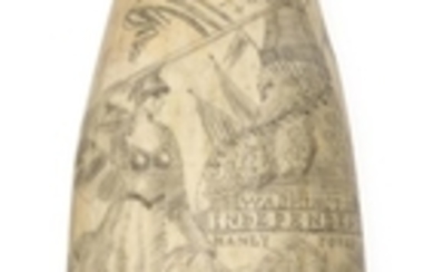 RARE SCRIMSHAW WHALE'S TOOTH WITH ANTI-SLAVERY IMAGERY Obverse, sourced from the frontispiece of Abel Bowen's The Naval Monument, de.