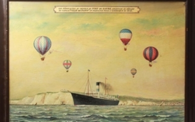 Steamship & Hot Air Balloons Advertisement Oil