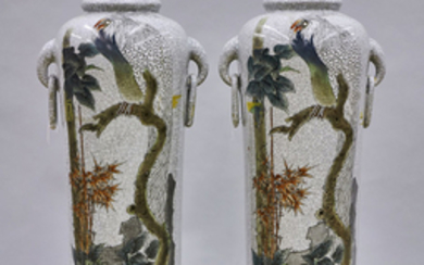 Pair Tall Chinese Enameled Crackle-Glazed Porcelain Vases