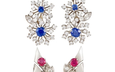 Two Pairs of White Gold, Ruby, Sapphire and Diamond Earclips