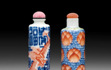 TWO UNDERGLAZE BLUE AND IRON-RED PORCELAIN SNUFF BOTTLES