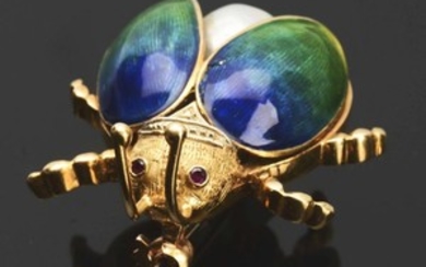 Vintage 18K Gold Pearl & Ruby Enameled Beetle