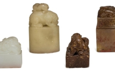 A WHITE JADE SEAL AND THREE SOAPSTONE SEALS