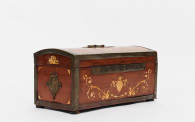 AN INTERESTING FRUITWOOD AND BONE MARQUETRY DOMED TOP CASKET