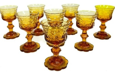 8 Bohemian Amber Gold Cut Glass 2 ounce Wine Goblets, 19th Century