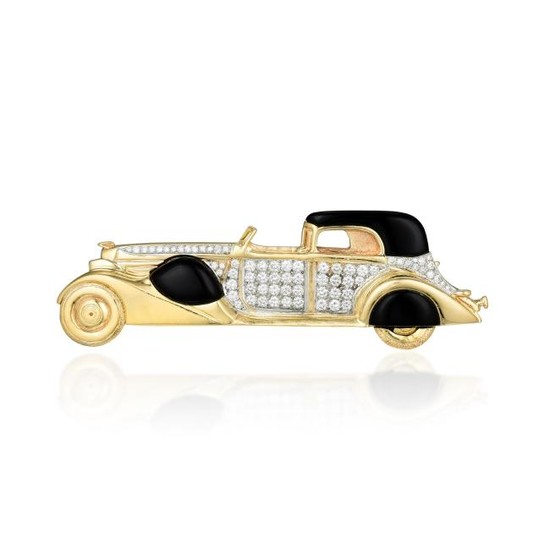 A 14K Gold Onyx and Diamond Car Brooch