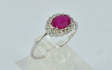 A 14CT WHITE GOLD RUBY AND DIAMOND RING