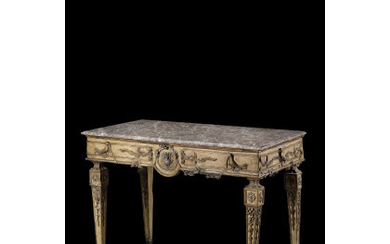 A 18th-century lacquered and carved wooden console, not coeval marble top (cm 139x90x68) (defects)