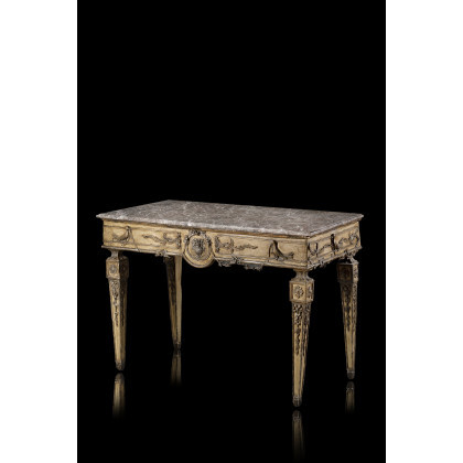 A 18th-century lacquered and carved wooden console, not coeval marble top (cm 139x90x68) (defects)
