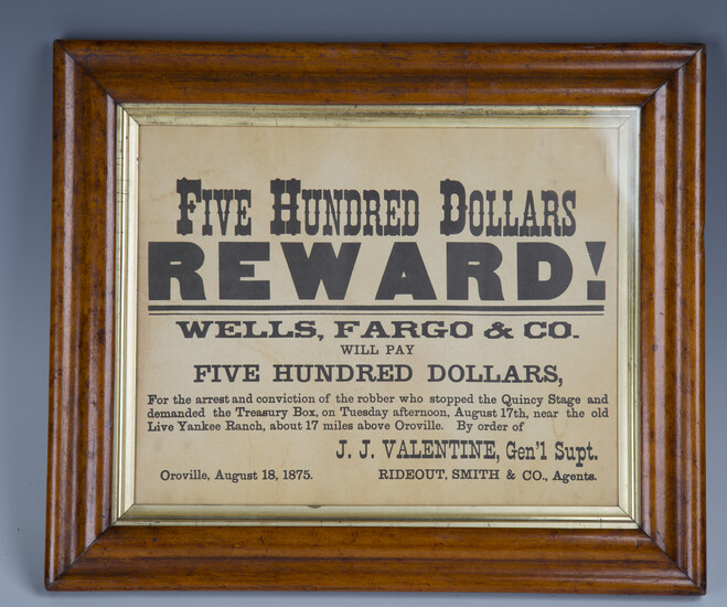 A 19th century American 'Five Hundred Dollars Reward' poster, detailed 'Wells, Fargo