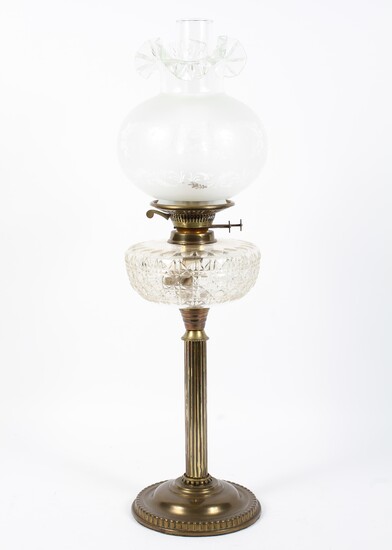 A 20th century brass table lamp, the column support on a circular base