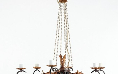 A 6 ARM GIRL IRON CARVED WOOD CHANDELIER
