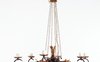 A 6 ARM GIRL IRON CARVED WOOD CHANDELIER