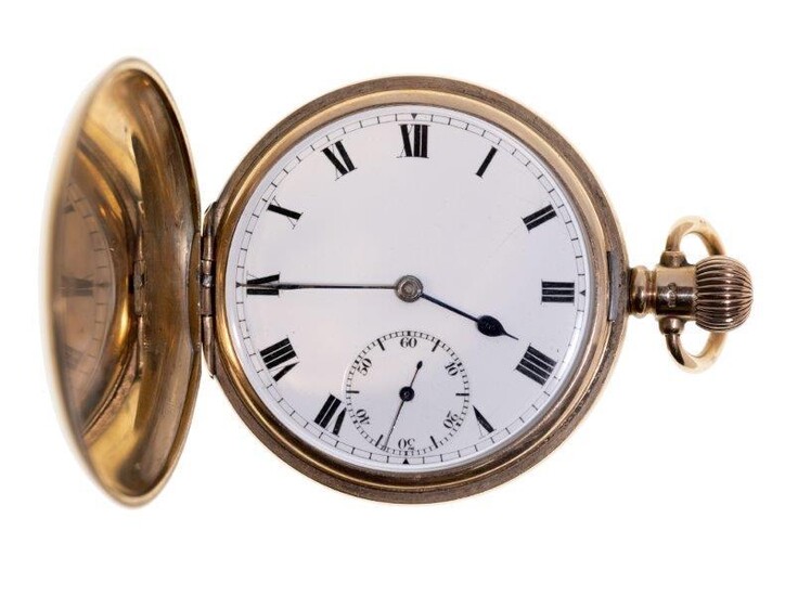A 9ct gold hunter-cased keyless lever pocket watch, the white enamel dial with Roman numerals, subsidiary dial for constant seconds, blued steel hands, the 15 jewel lever movement with bi-metallic compensated balance, marked Warranted English...