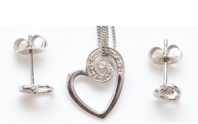 A 9ct white gold and diamond heart pendant, chain, with matc...