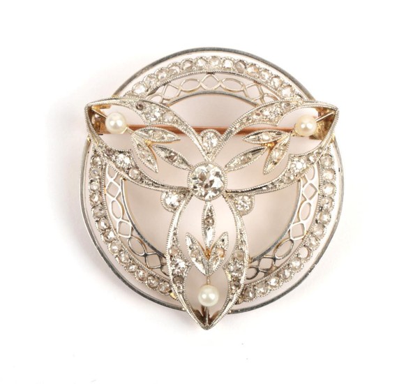A Belle Epoque Diamond and Seed Pearl Brooch, of foliate...