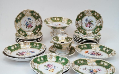 A Bloor Derby porcelain part dessert service, c.1820-40, red printed circle and crown marks, painted to the well with floral sprays, the apple green border with gilt highlights and foliate designs, the shaped rims with beaded moulding, comprising:...