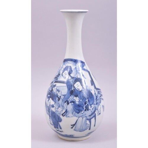 A CHINESE BLUE AND WHITE PORCELAIN VASE, painted with female...