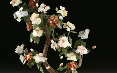 A CHINESE CARVED JADE AND HARDSTONES BLOSSOMING TREE