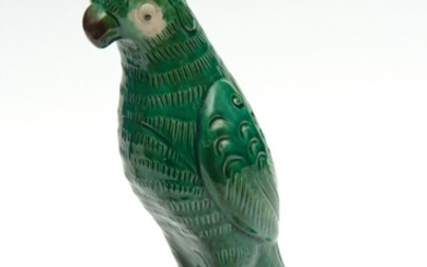 A CHINESE GREEN GLAZED PORCELAIN PARROT, 31 CM HIGH