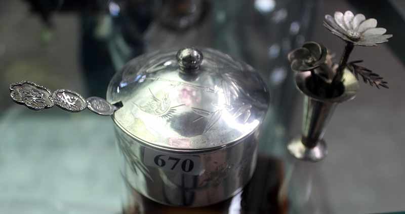 A CHINESE STERLING SILVER CONDIMENT POT