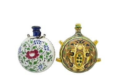 A CONTINENTAL FAIENCE PILGRIM'S FLASK, 18TH CENTURY, in stri...