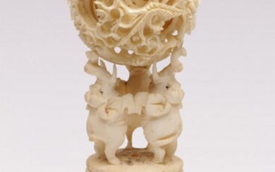 A Carved Ivory Puzzle Ball Decorated with Elephant Base (H17.5cm)